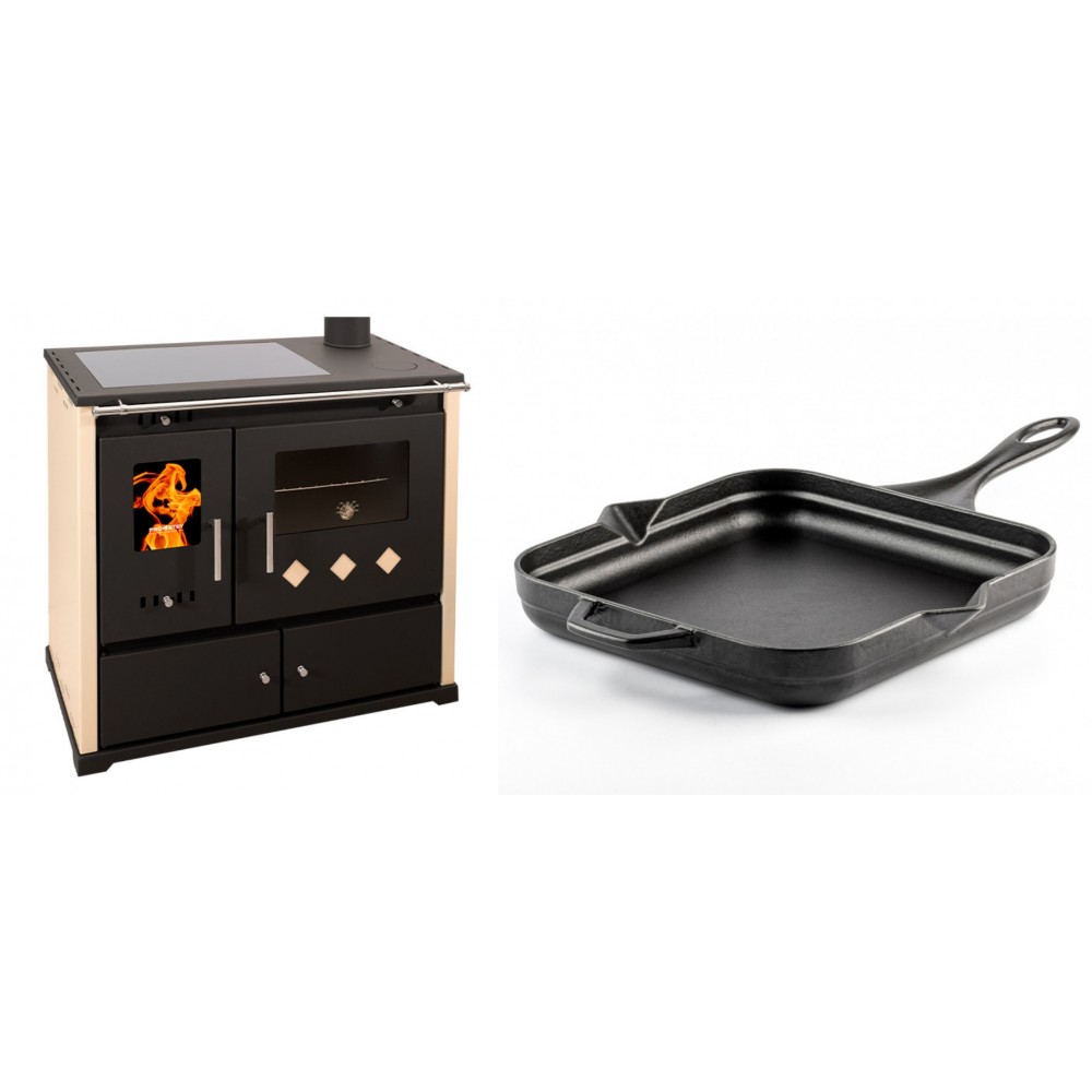 Set Küchenofen / Küchenhexe Prometey Practik Lux mit Cerankochfeld, Rauchabzug rechts, elfenbein, 9.5kW + Emaillierte Gusseisenpfanne Solagio, Black Onyx, 28x28cm
