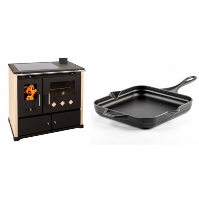 Set Küchenofen / Küchenhexe Prometey Practik Lux mit Cerankochfeld, Rauchabzug rechts, elfenbein, 9.5kW + Emaillierte Gusseisenpfanne Solagio, Black Onyx, 28x28cm - Kaminofen - Holzofen mit Backfach