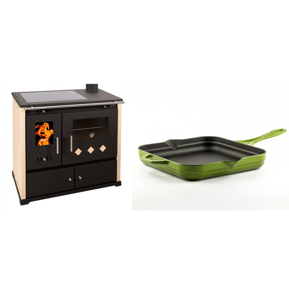 Set Küchenofen / Küchenhexe Prometey Practik Lux mit Cerankochfeld, Rauchabzug rechts, elfenbein, 9.5kW + Emaillierte Gusseisenpfanne Solagio, Bamboo, 28x28cm