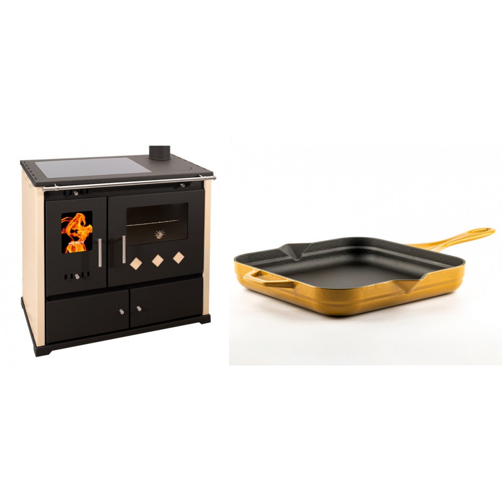Set Küchenofen / Küchenhexe Prometey Practik Lux mit Cerankochfeld, Rauchabzug rechts, elfenbein, 9.5kW + Emaillierte Gusseisenpfanne Solagio, Dijon, 28x28cm | Kaminofen - Holzofen mit Backfach | Kaminofen |