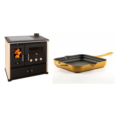 Set Küchenofen / Küchenhexe Prometey Practik Lux mit Cerankochfeld, Rauchabzug rechts, elfenbein, 9.5kW + Emaillierte Gusseisenpfanne Solagio, Dijon, 28x28cm - Kaminofen - Holzofen mit Backfach