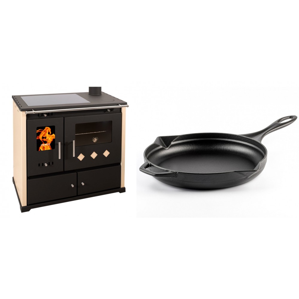 Set Küchenofen / Küchenhexe Prometey Practik Lux mit Cerankochfeld, Rauchabzug rechts, elfenbein, 9.5kW + Emaillierte Gusseisenpfanne Solagio, Black Onyx, Ф28cm