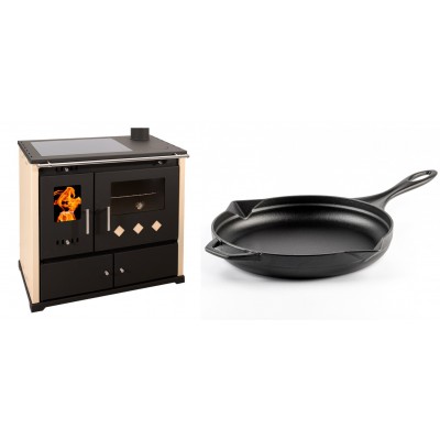 Set Küchenofen / Küchenhexe Prometey Practik Lux mit Cerankochfeld, Rauchabzug rechts, elfenbein, 9.5kW + Emaillierte Gusseisenpfanne Solagio, Black Onyx, Ф28cm - Kaminofen - Holzofen mit Backfach