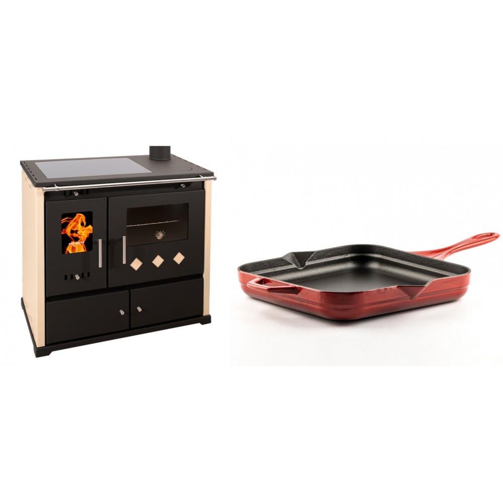 Set Küchenofen / Küchenhexe Prometey Practik Lux mit Cerankochfeld, Rauchabzug rechts, elfenbein, 9.5kW + Emaillierte Gusseisenpfanne Solagio, Rubin, 28x28cm | Kaminofen - Holzofen mit Backfach | Kaminofen |