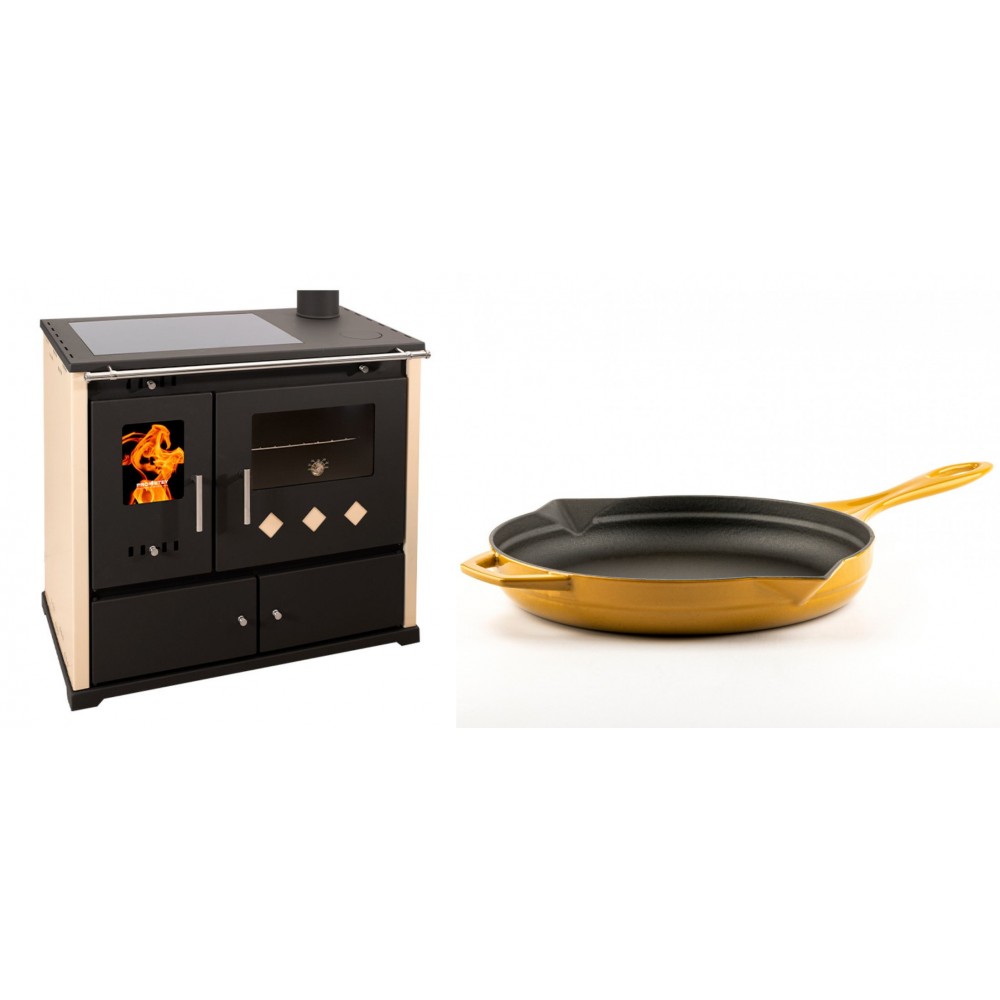 Set Küchenofen / Küchenhexe Prometey Practik Lux mit Cerankochfeld, Rauchabzug rechts, elfenbein, 9.5kW + Emaillierte Gusseisenpfanne Solagio, Dijon, Ф28cm