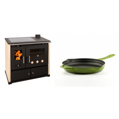 Set Küchenofen / Küchenhexe Prometey Practik Lux mit Cerankochfeld, Rauchabzug rechts, elfenbein, 9.5kW + Emaillierte Gusseisenpfanne Solagio, Bamboo, Ф24cm - Kaminofen - Holzofen mit Backfach