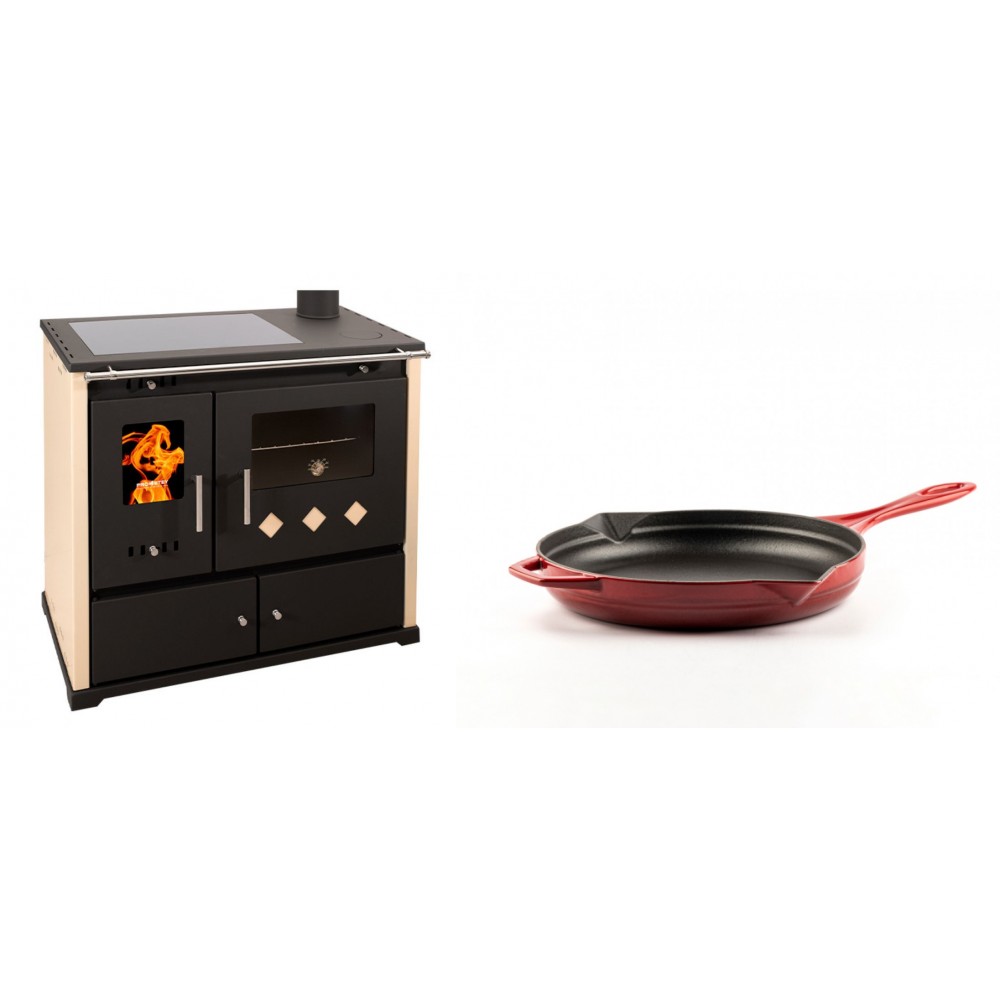 Set Küchenofen / Küchenhexe Prometey Practik Lux mit Cerankochfeld, Rauchabzug rechts, elfenbein, 9.5kW + Emaillierte Gusseisenpfanne Solagio, Rubin, Ф24cm