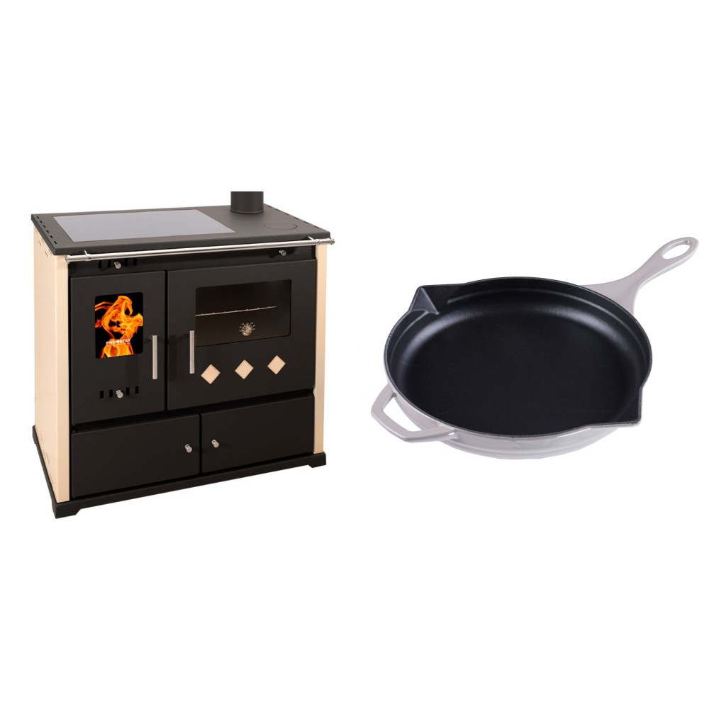 Set Küchenofen / Küchenhexe Prometey Practik Lux mit Cerankochfeld, Rauchabzug rechts, elfenbein, 9.5kW + Emaillierte Gusseisenpfanne Solagio, Ivory, Ф28cm