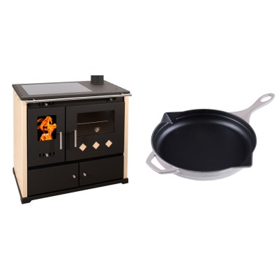 Set Küchenofen / Küchenhexe Prometey Practik Lux mit Cerankochfeld, Rauchabzug rechts, elfenbein, 9.5kW + Emaillierte Gusseisenpfanne Solagio, Ivory, Ф28cm - Kaminofen - Holzofen mit Backfach