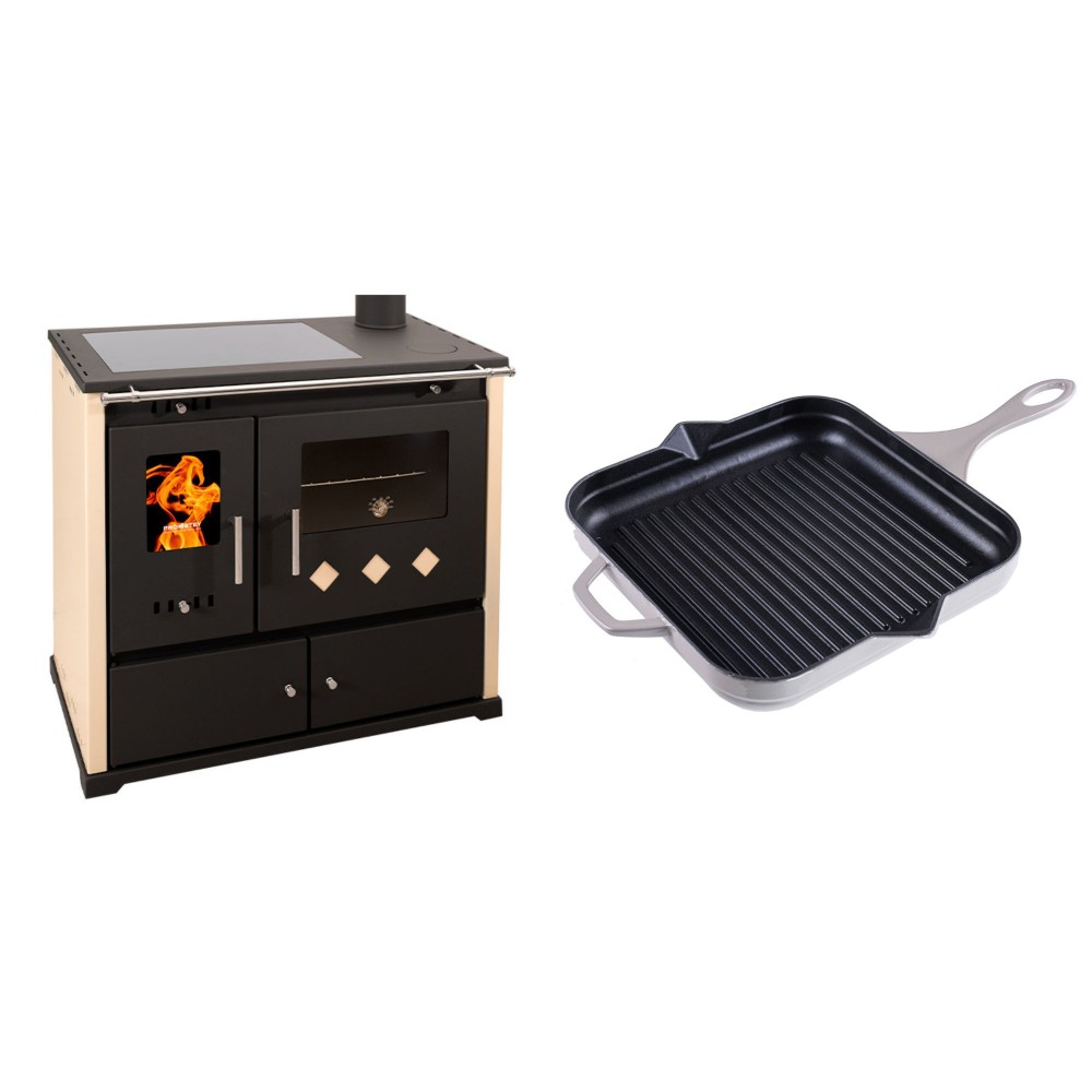 Set Küchenofen / Küchenhexe Prometey Practik Lux mit Cerankochfeld, Rauchabzug rechts, elfenbein, 9.5kW + Emaillierte grillpfanne Gusseisen Solagio, Ivory, 28x28cm