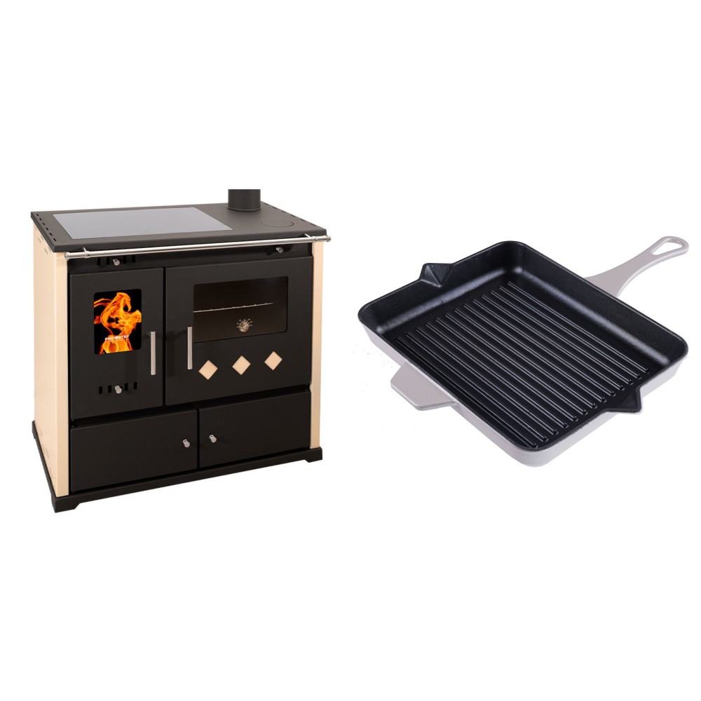 Set Küchenofen / Küchenhexe Prometey Practik Lux mit Cerankochfeld, Rauchabzug rechts, elfenbein, 9.5kW + Emaillierte grillpfanne Gusseisen Solagio, Ivory, 26x32cm | Kaminofen - Holzofen mit Backfach | Kaminofen |