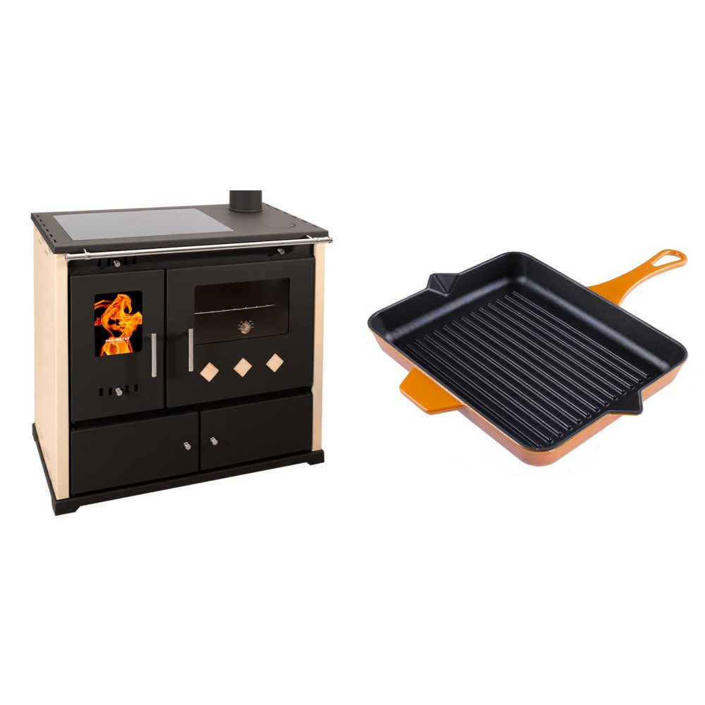 Set Küchenofen / Küchenhexe Prometey Practik Lux mit Cerankochfeld, Rauchabzug rechts, elfenbein, 9.5kW + Emaillierte grillpfanne Gusseisen Solagio, Dijon, 26x32cm