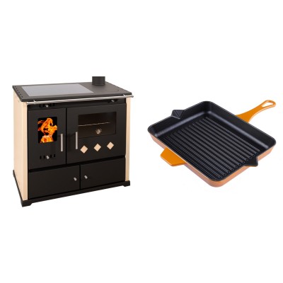 Set Küchenofen / Küchenhexe Prometey Practik Lux mit Cerankochfeld, Rauchabzug rechts, elfenbein, 9.5kW + Emaillierte grillpfanne Gusseisen Solagio, Dijon, 26x32cm - Kaminofen - Holzofen mit Backfach