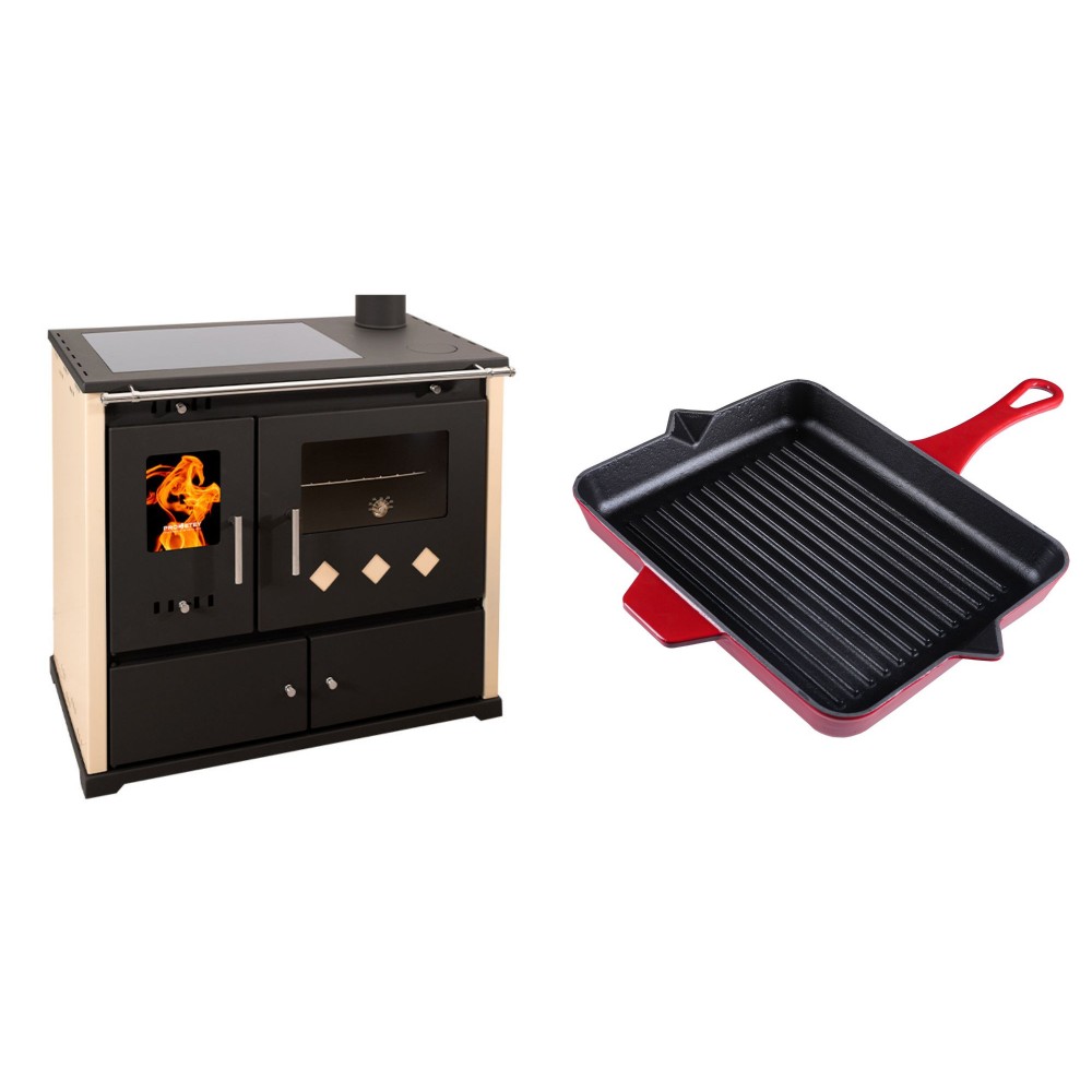 Set Küchenofen / Küchenhexe Prometey Practik Lux mit Cerankochfeld, Rauchabzug rechts, elfenbein, 9.5kW + Emaillierte grillpfanne Gusseisen Solagio, Rubin, 26x32cm