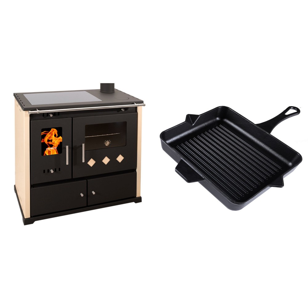 Set Küchenofen / Küchenhexe Prometey Practik Lux mit Cerankochfeld, Rauchabzug rechts, elfenbein, 9.5kW + Emaillierte grillpfanne Gusseisen Solagio, Black Onyx, 26x32cm | Kaminofen - Holzofen mit Backfach | Kaminofen |