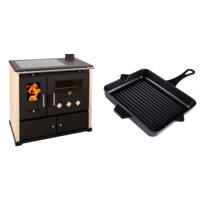 Set Küchenofen / Küchenhexe Prometey Practik Lux mit Cerankochfeld, Rauchabzug rechts, elfenbein, 9.5kW + Emaillierte grillpfanne Gusseisen Solagio, Black Onyx, 26x32cm - Kaminofen - Holzofen mit Backfach
