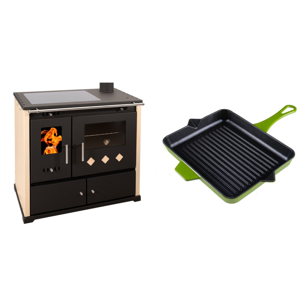 Set Küchenofen / Küchenhexe Prometey Practik Lux mit Cerankochfeld, Rauchabzug rechts, elfenbein, 9.5kW + Emaillierte grillpfanne Gusseisen Solagio, Bamboo, 26x32cm