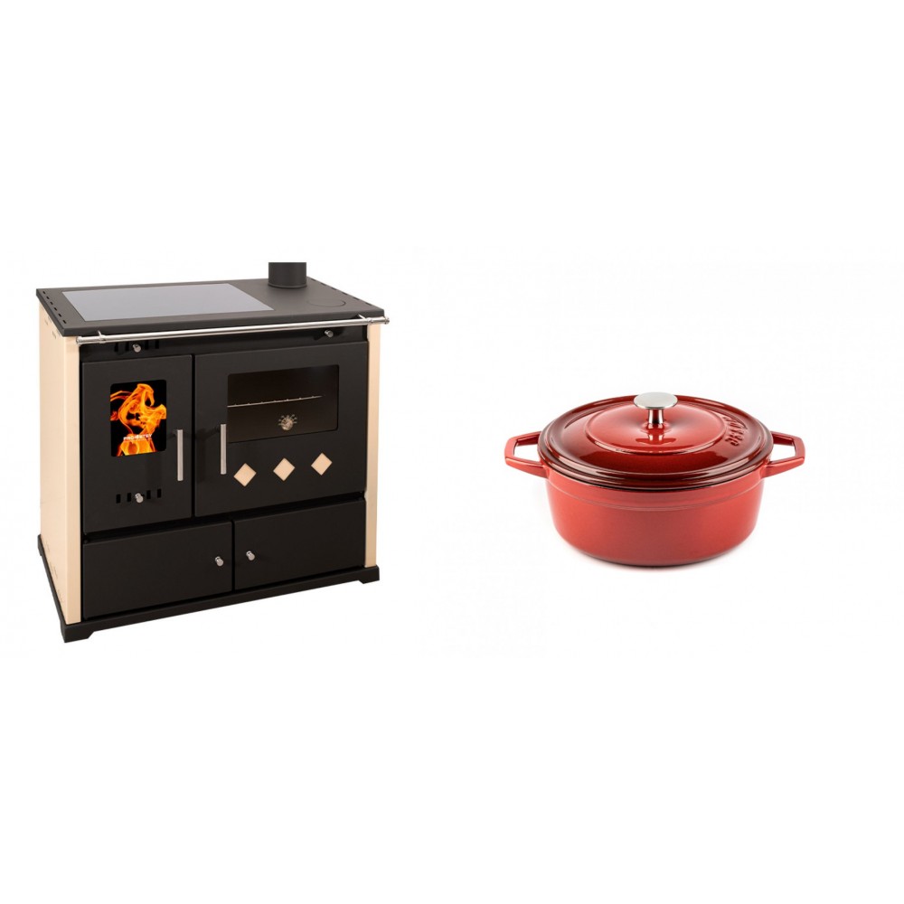 Set Küchenofen / Küchenhexe Prometey Practik Lux mit Cerankochfeld, Rauchabzug rechts, elfenbein, 9.5kW + Gusseisen Topf Tiefer Solagio, Rubin, Ф12 | Kaminofen - Holzofen mit Backfach | Kaminofen |