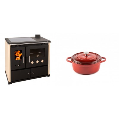 Set Küchenofen / Küchenhexe Prometey Practik Lux mit Cerankochfeld, Rauchabzug rechts, elfenbein, 9.5kW + Gusseisen Topf Tiefer Solagio, Rubin, Ф12 - Kaminofen - Holzofen mit Backfach