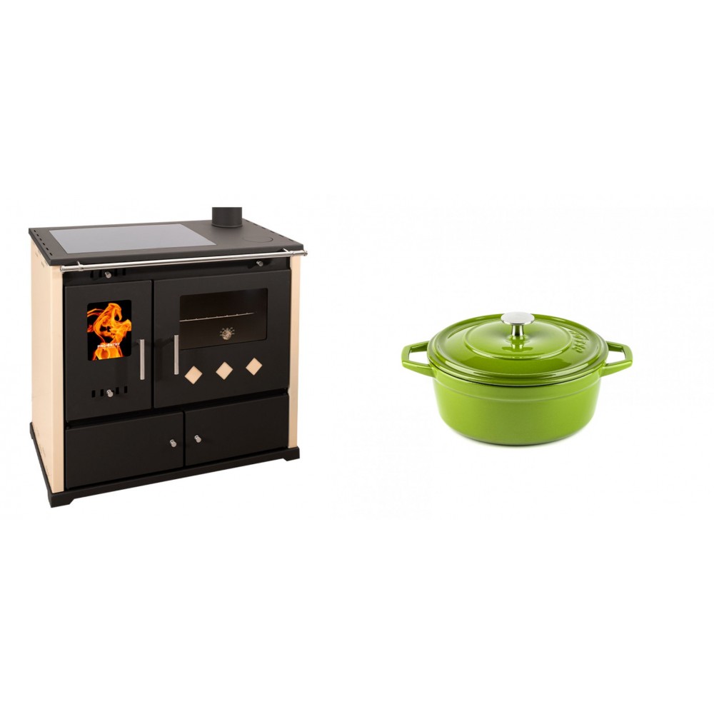 Set Küchenofen / Küchenhexe Prometey Practik Lux mit Cerankochfeld, Rauchabzug rechts, elfenbein, 9.5kW + Gusseisen Topf Tiefer Solagio, Bamboo, Ф12 | Kaminofen - Holzofen mit Backfach | Kaminofen |