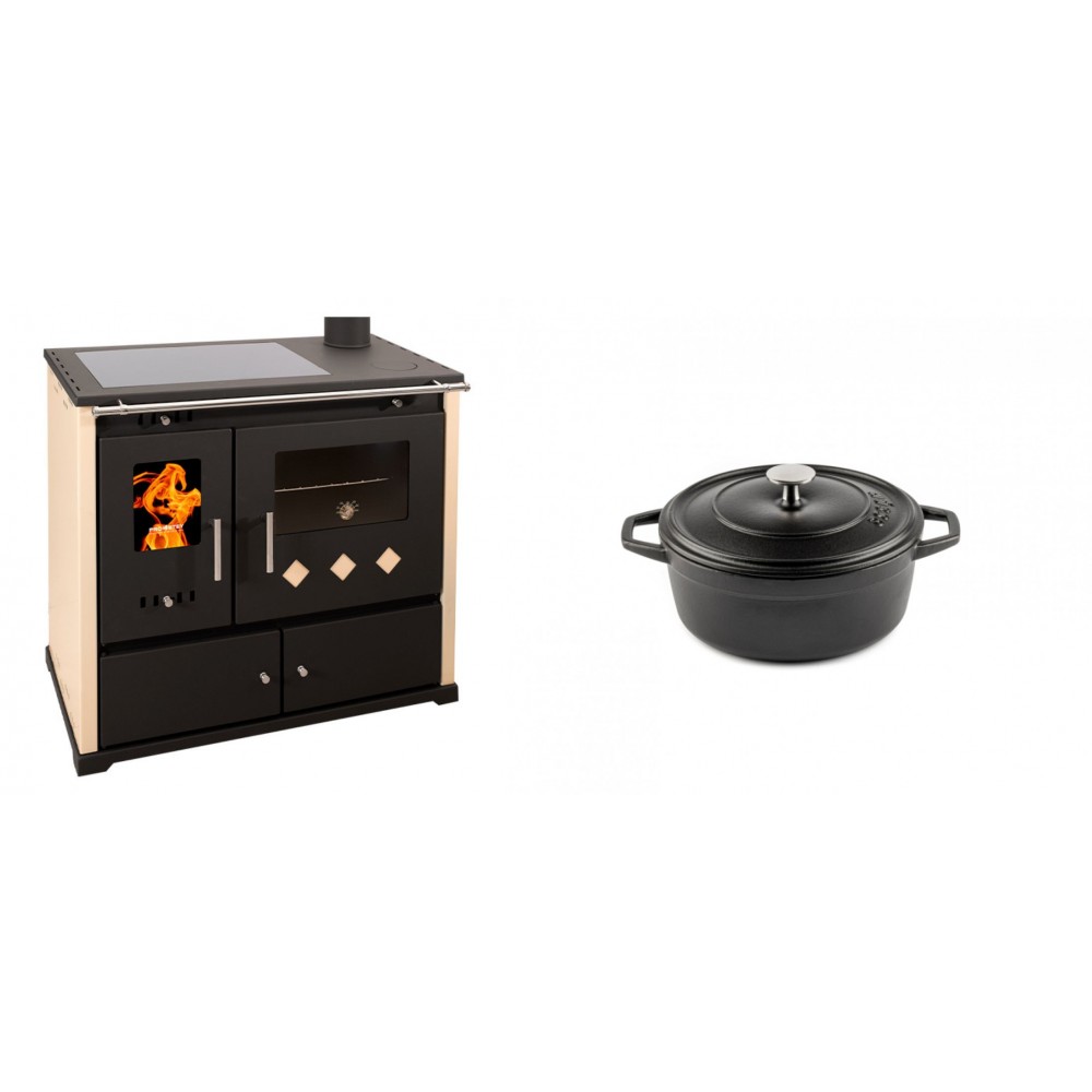 Set Küchenofen / Küchenhexe Prometey Practik Lux mit Cerankochfeld, Rauchabzug rechts, elfenbein, 9.5kW + Gusseisen Topf Tiefer Solagio, Black Onyx, Ф12 | Kaminofen - Holzofen mit Backfach | Kaminofen |