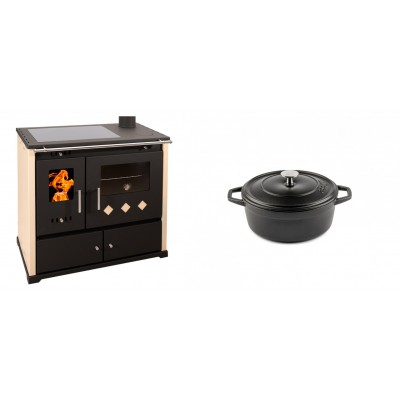 Set Küchenofen / Küchenhexe Prometey Practik Lux mit Cerankochfeld, Rauchabzug rechts, elfenbein, 9.5kW + Gusseisen Topf Tiefer Solagio, Black Onyx, Ф12 - Kaminofen - Holzofen mit Backfach