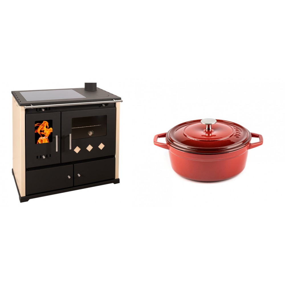 Set Küchenofen / Küchenhexe Prometey Practik Lux mit Cerankochfeld, Rauchabzug rechts, elfenbein, 9.5kW + Gusseisen Topf Tiefer Solagio, Rubin, Ф20 | Kaminofen - Holzofen mit Backfach | Kaminofen |