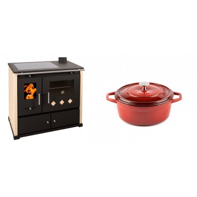 Set Küchenofen / Küchenhexe Prometey Practik Lux mit Cerankochfeld, Rauchabzug rechts, elfenbein, 9.5kW + Gusseisen Topf Tiefer Solagio, Rubin, Ф20 - Kaminofen - Holzofen mit Backfach