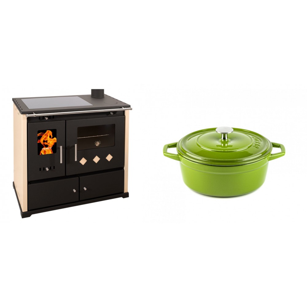 Set Küchenofen / Küchenhexe Prometey Practik Lux mit Cerankochfeld, Rauchabzug rechts, elfenbein, 9.5kW + Gusseisen Topf Tiefer Solagio, Bamboo, Ф20 | Kaminofen - Holzofen mit Backfach | Kaminofen |