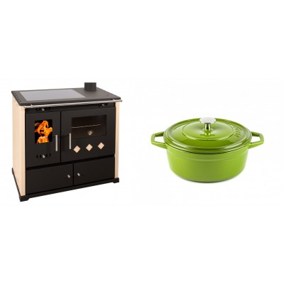 Set Küchenofen / Küchenhexe Prometey Practik Lux mit Cerankochfeld, Rauchabzug rechts, elfenbein, 9.5kW + Gusseisen Topf Tiefer Solagio, Bamboo, Ф20 - Kaminofen - Holzofen mit Backfach