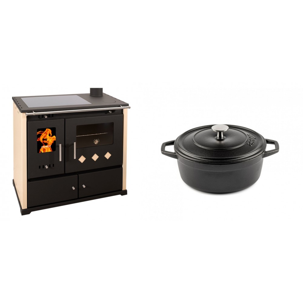 Set Küchenofen / Küchenhexe Prometey Practik Lux mit Cerankochfeld, Rauchabzug rechts, elfenbein, 9.5kW + Gusseisen Topf Tiefer Solagio, Black Onyx, Ф20