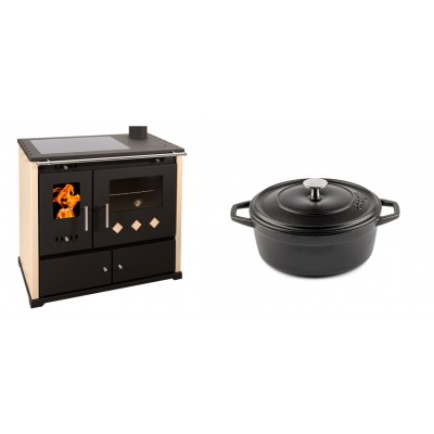 Set Küchenofen / Küchenhexe Prometey Practik Lux mit Cerankochfeld, Rauchabzug rechts, elfenbein, 9.5kW + Gusseisen Topf Tiefer Solagio, Black Onyx, Ф20 - Kaminofen - Holzofen mit Backfach