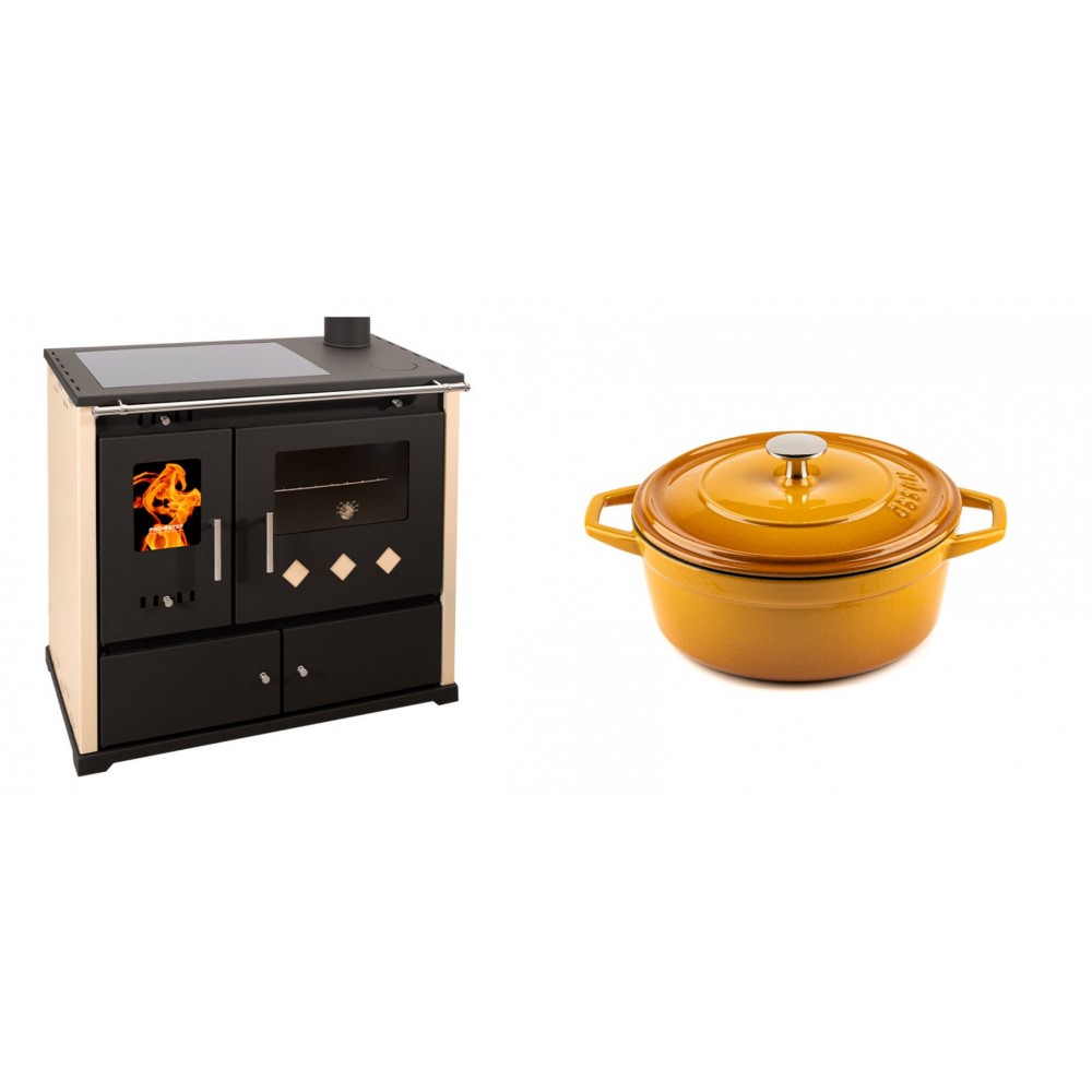 Set Küchenofen / Küchenhexe Prometey Practik Lux mit Cerankochfeld, Rauchabzug rechts, elfenbein, 9.5kW + Gusseisen Topf Tiefer Solagio, Dijon, Ф20