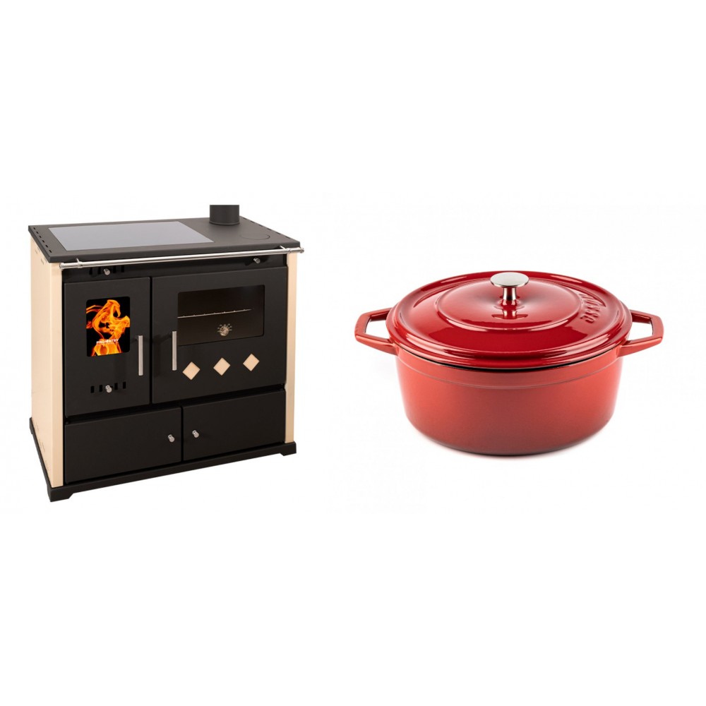 Set Küchenofen / Küchenhexe Prometey Practik Lux mit Cerankochfeld, Rauchabzug rechts, elfenbein, 9.5kW + Gusseisen Topf Tiefer Solagio, Rubin, Ф24 | Kaminofen - Holzofen mit Backfach | Kaminofen |