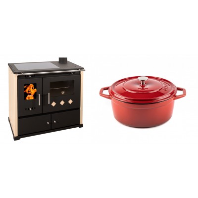 Set Küchenofen / Küchenhexe Prometey Practik Lux mit Cerankochfeld, Rauchabzug rechts, elfenbein, 9.5kW + Gusseisen Topf Tiefer Solagio, Rubin, Ф24 - Kaminofen - Holzofen mit Backfach