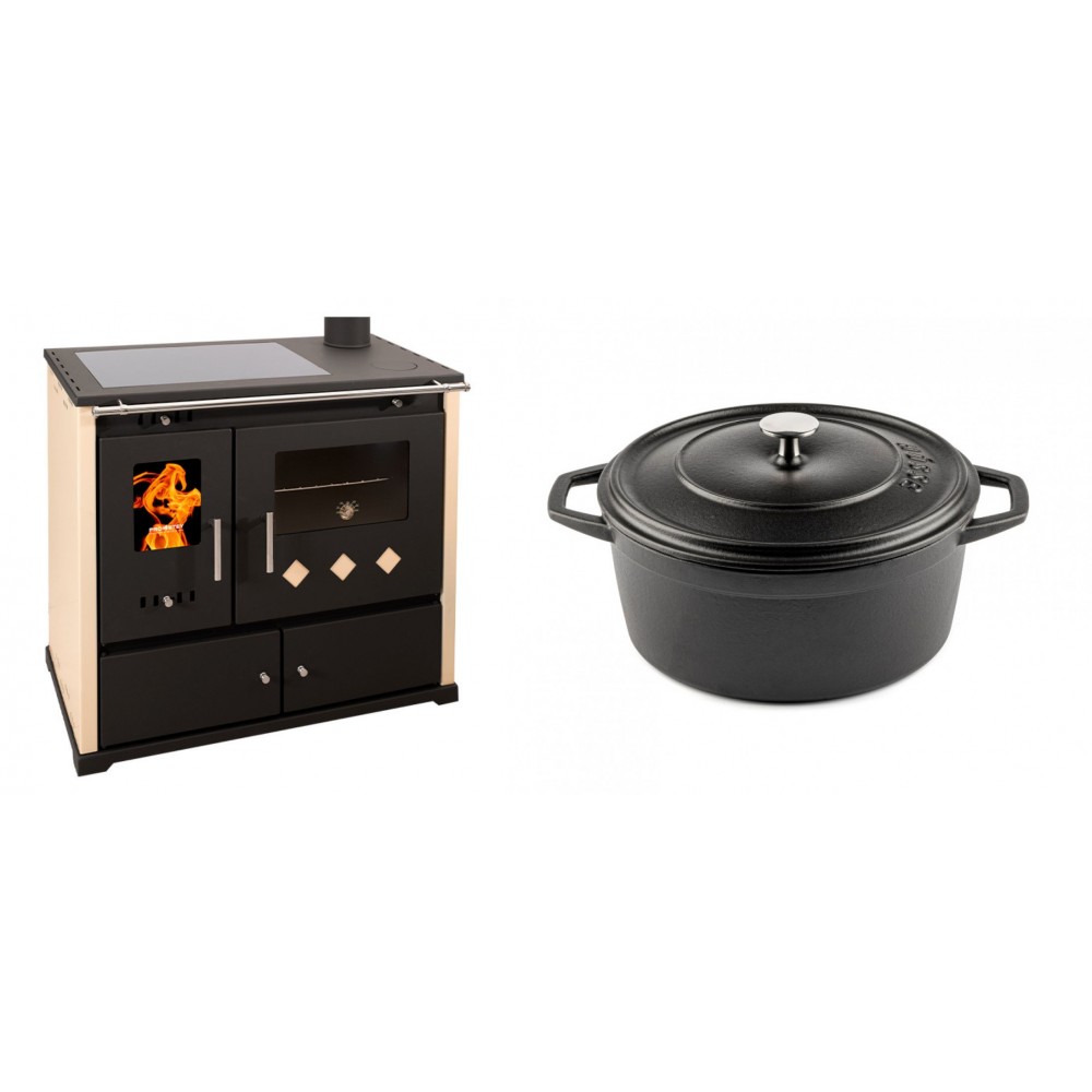 Set Küchenofen / Küchenhexe Prometey Practik Lux mit Cerankochfeld, Rauchabzug rechts, elfenbein, 9.5kW + Gusseisen Topf Tiefer Solagio, Black Onyx, Ф24