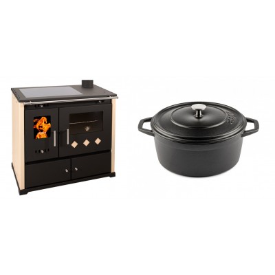 Set Küchenofen / Küchenhexe Prometey Practik Lux mit Cerankochfeld, Rauchabzug rechts, elfenbein, 9.5kW + Gusseisen Topf Tiefer Solagio, Black Onyx, Ф24 - Kaminofen - Holzofen mit Backfach