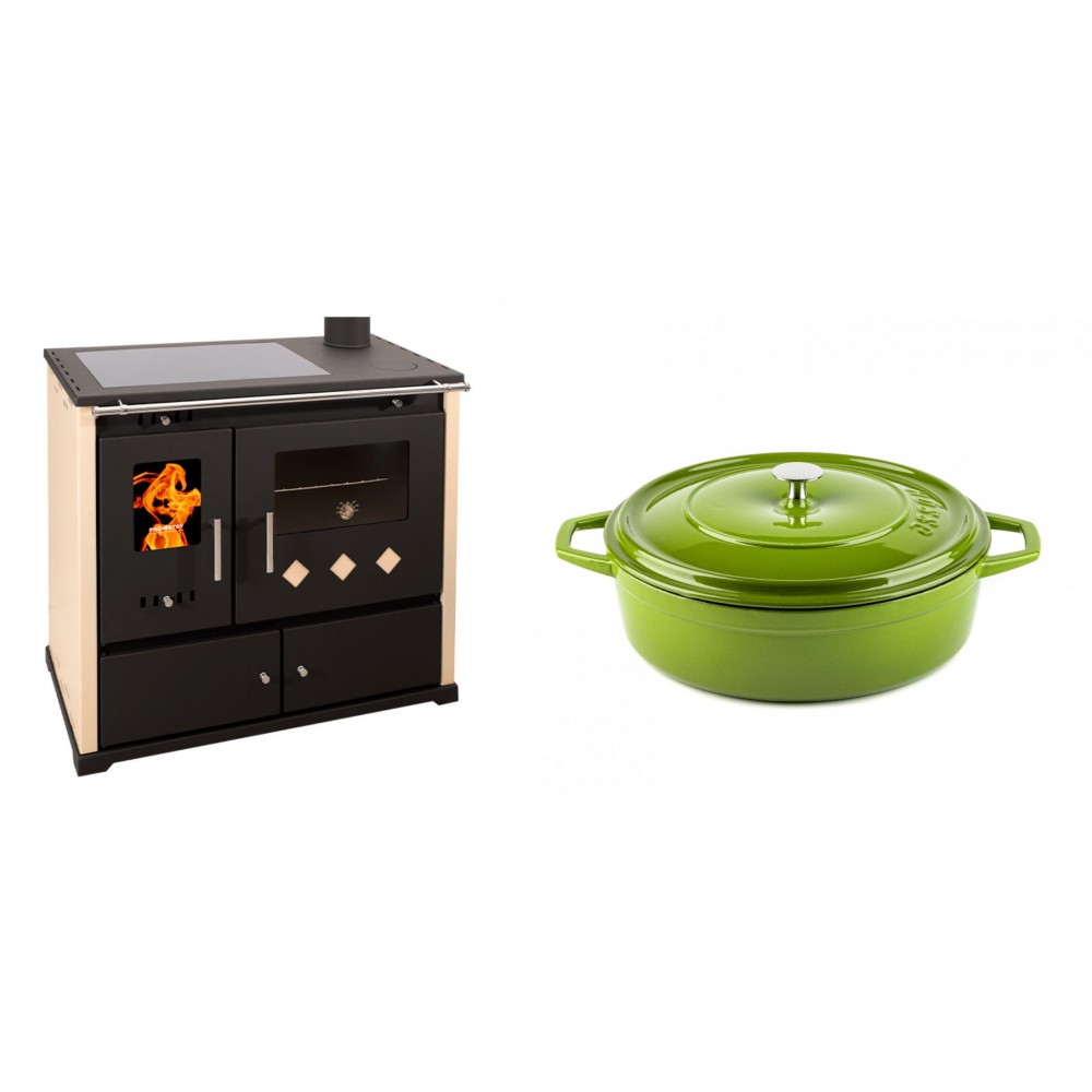 Set Küchenofen / Küchenhexe Prometey Practik Lux mit Cerankochfeld, Rauchabzug rechts, elfenbein, 9.5kW + Gusseisen Topf Flach Solagio, Bamboo, Ф26