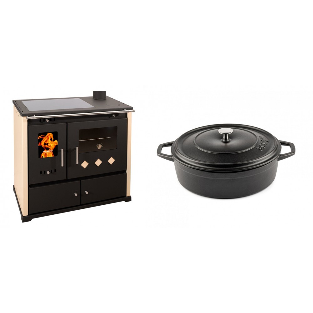 Set Küchenofen / Küchenhexe Prometey Practik Lux mit Cerankochfeld, Rauchabzug rechts, elfenbein, 9.5kW + Gusseisen Topf Flach Solagio, Black Onyx, Ф26