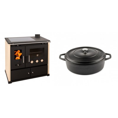 Set Küchenofen / Küchenhexe Prometey Practik Lux mit Cerankochfeld, Rauchabzug rechts, elfenbein, 9.5kW + Gusseisen Topf Flach Solagio, Black Onyx, Ф26 - Kaminofen - Holzofen mit Backfach