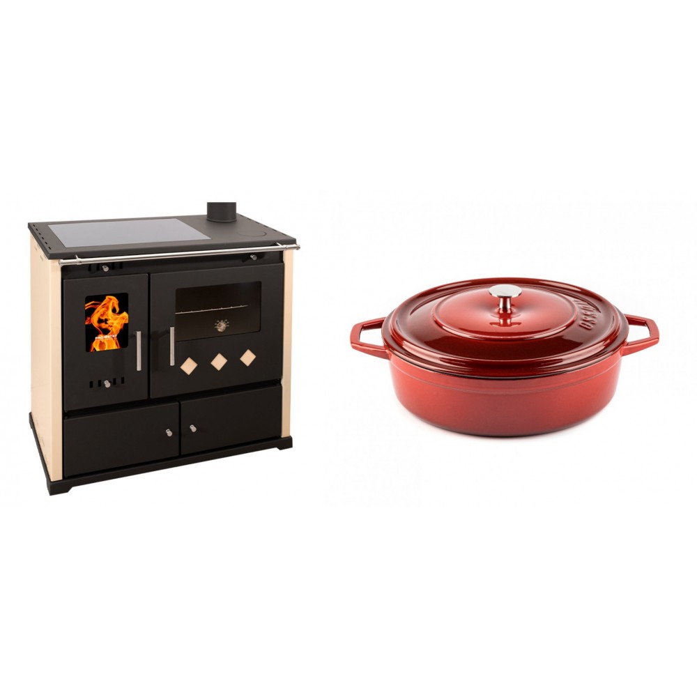 Set Küchenofen / Küchenhexe Prometey Practik Lux mit Cerankochfeld, Rauchabzug rechts, elfenbein, 9.5kW + Gusseisen Topf Flach Solagio, Rubin, Ф26