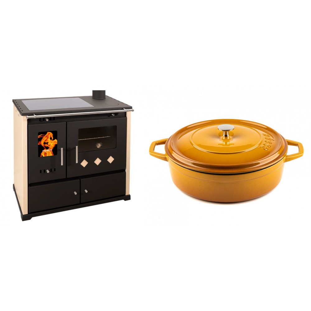 Set Küchenofen / Küchenhexe Prometey Practik Lux mit Cerankochfeld, Rauchabzug rechts, elfenbein, 9.5kW + Gusseisen Topf Flach Solagio, Dijon, Ф28