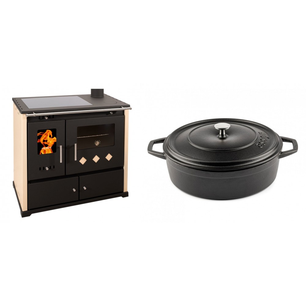 Set Küchenofen / Küchenhexe Prometey Practik Lux mit Cerankochfeld, Rauchabzug rechts, elfenbein, 9.5kW + Gusseisen Topf Flach Solagio, Black Onyx, Ф28