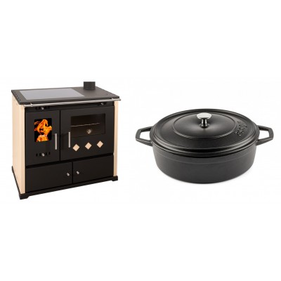 Set Küchenofen / Küchenhexe Prometey Practik Lux mit Cerankochfeld, Rauchabzug rechts, elfenbein, 9.5kW + Gusseisen Topf Flach Solagio, Black Onyx, Ф28 - Kaminofen - Holzofen mit Backfach