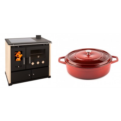 Set Küchenofen / Küchenhexe Prometey Practik Lux mit Cerankochfeld, Rauchabzug rechts, elfenbein, 9.5kW + Gusseisen Topf Flach Solagio, Rubin, Ф28 - Kaminofen - Holzofen mit Backfach