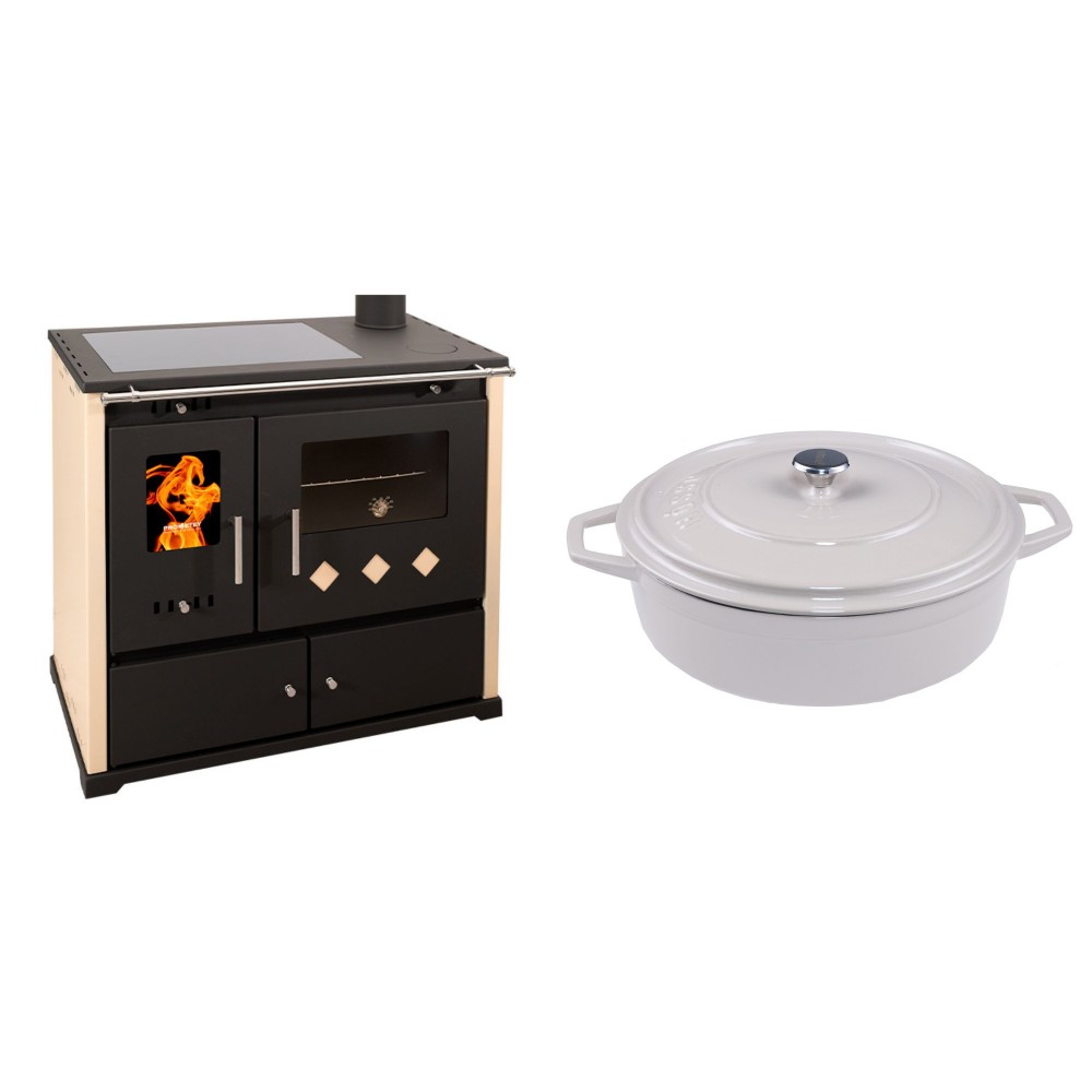 Set Küchenofen / Küchenhexe Prometey Practik Lux mit Cerankochfeld, Rauchabzug rechts, elfenbein, 9.5kW + Gusseisen Topf Flach Solagio, Ivory, Ф28 | Kaminofen - Holzofen mit Backfach | Kaminofen |