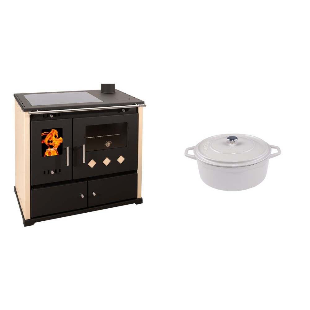 Set Küchenofen / Küchenhexe Prometey Practik Lux mit Cerankochfeld, Rauchabzug rechts, elfenbein, 9.5kW + Gusseisen Topf Tiefer Solagio, Ivory, Ф12 | Kaminofen - Holzofen mit Backfach | Kaminofen |