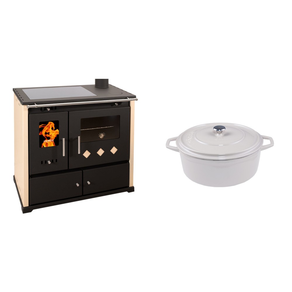 Set Küchenofen / Küchenhexe Prometey Practik Lux mit Cerankochfeld, Rauchabzug rechts, elfenbein, 9.5kW + Gusseisen Topf Tiefer Solagio, Ivory, Ф20