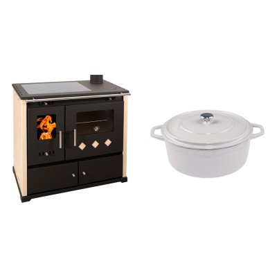 Set Küchenofen / Küchenhexe Prometey Practik Lux mit Cerankochfeld, Rauchabzug rechts, elfenbein, 9.5kW + Gusseisen Topf Tiefer Solagio, Ivory, Ф24 - Kaminofen - Holzofen mit Backfach