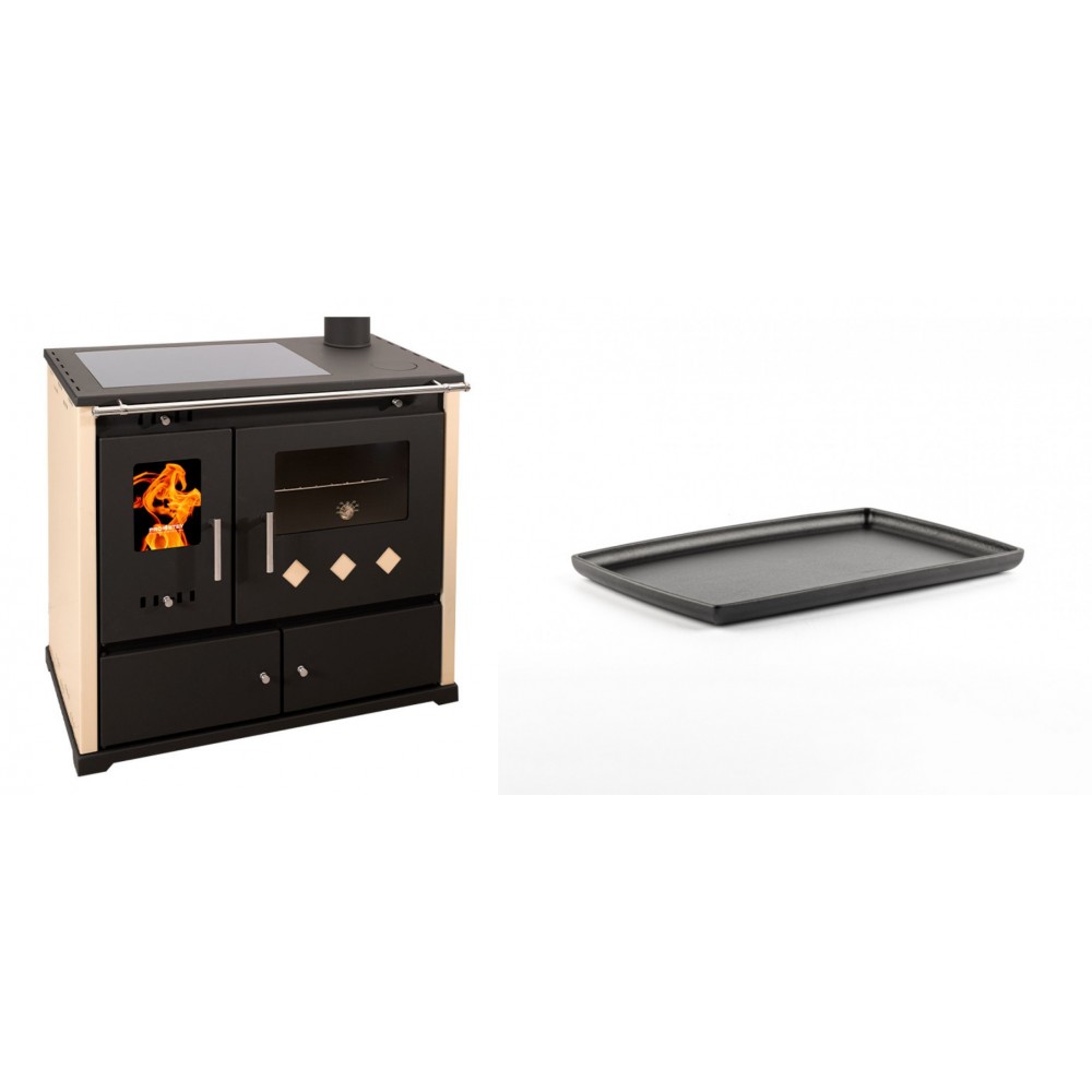 Set Küchenofen / Küchenhexe Prometey Practik Lux mit Cerankochfeld, Rauchabzug rechts, elfenbein, 9.5kW + Rechteckige Servierplatte aus Gusseisen Solagio, 21x31cm | Kaminofen - Holzofen mit Backfach | Kaminofen |